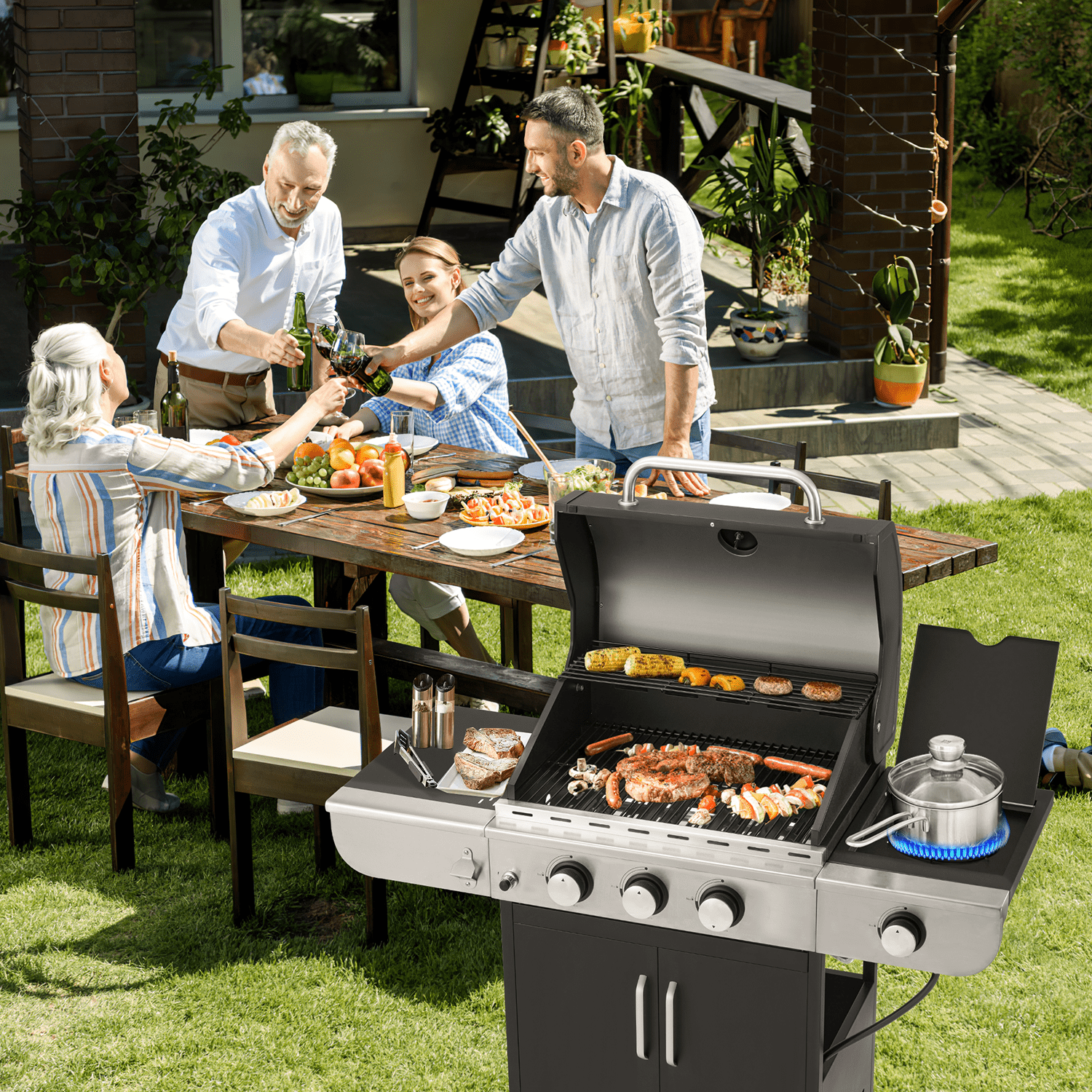 Yoleny 3 Burner BBQ Propane Gas Grill，24,000/36,000 BTU Stainless Steel with Stove and Side Table