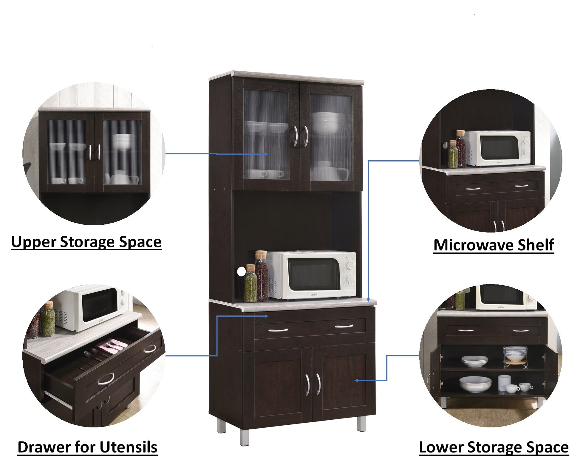Hodedah Tall Kitchen Cabinet, Chocolate-Grey