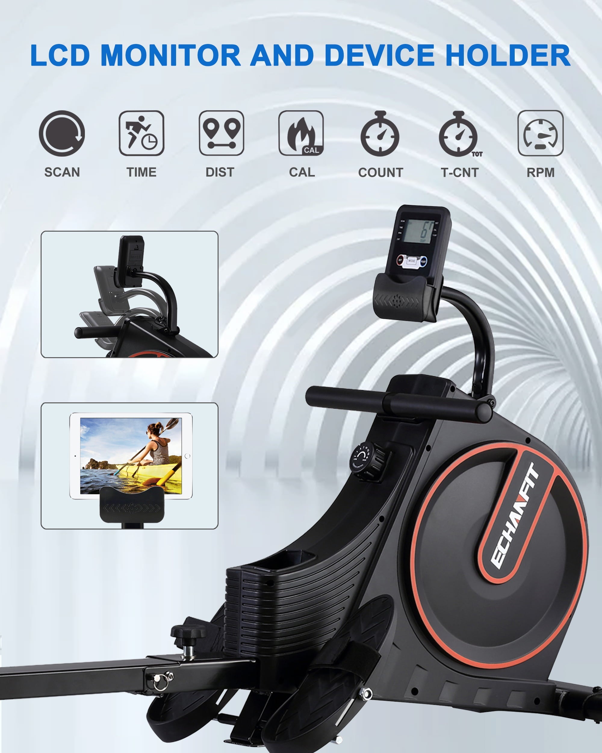 ECHANFIT Folding Magnetic Rowing Machine with LCD Monitor for Home Use, 350 lb Capacity