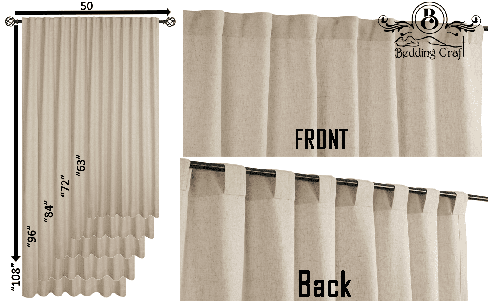 Bedding Craft Linen Cotton Tab Top Farmhouse, Livingroom, Window Curtains Set of 2 (50x108 inches)