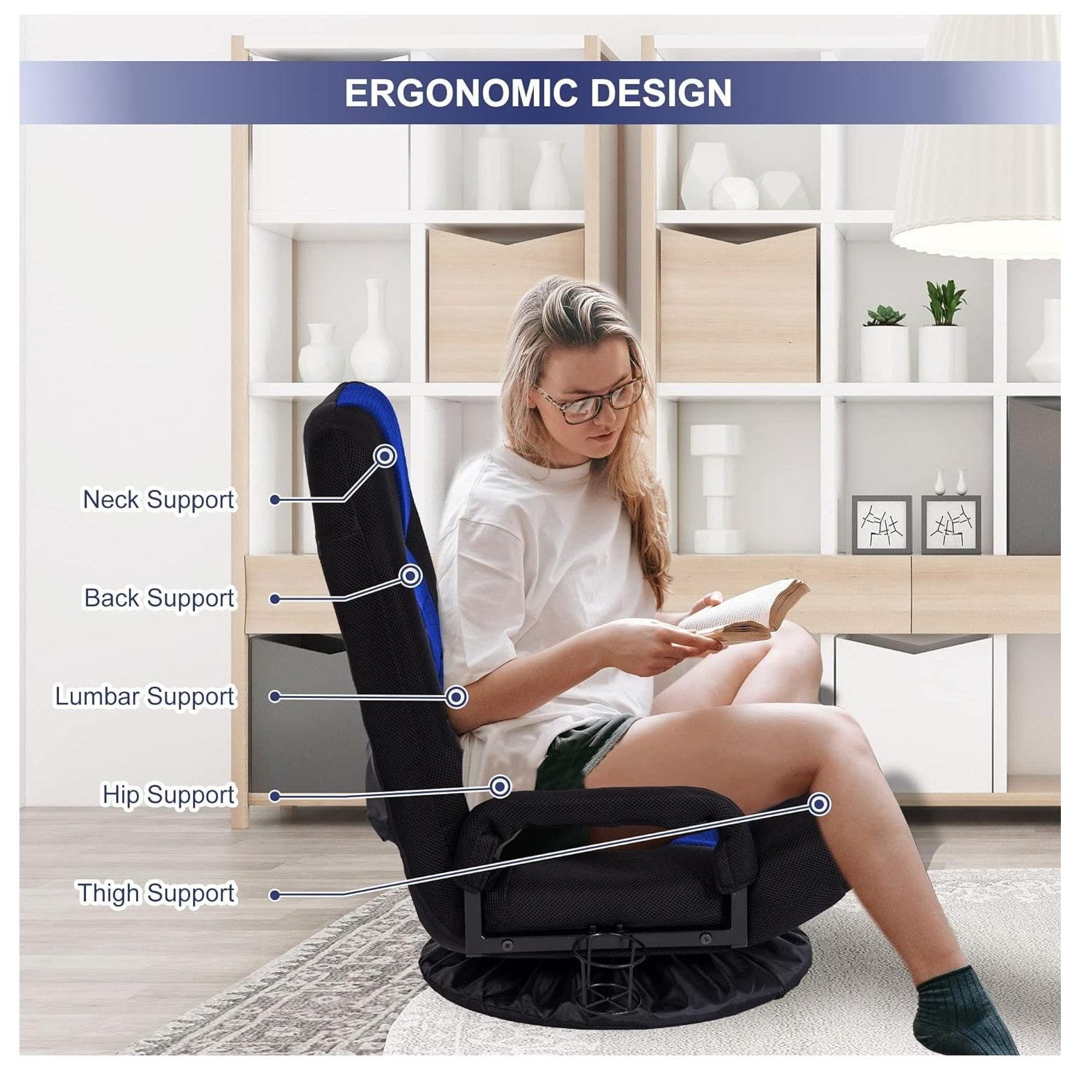 QUIRhait 360° Swivel Floor Chair with Cup Holder Video Gaming Chair with Armrest Handles 5-Positions Foldable Floor Chair with Adjustable Backrest for Adults - Black/Navy