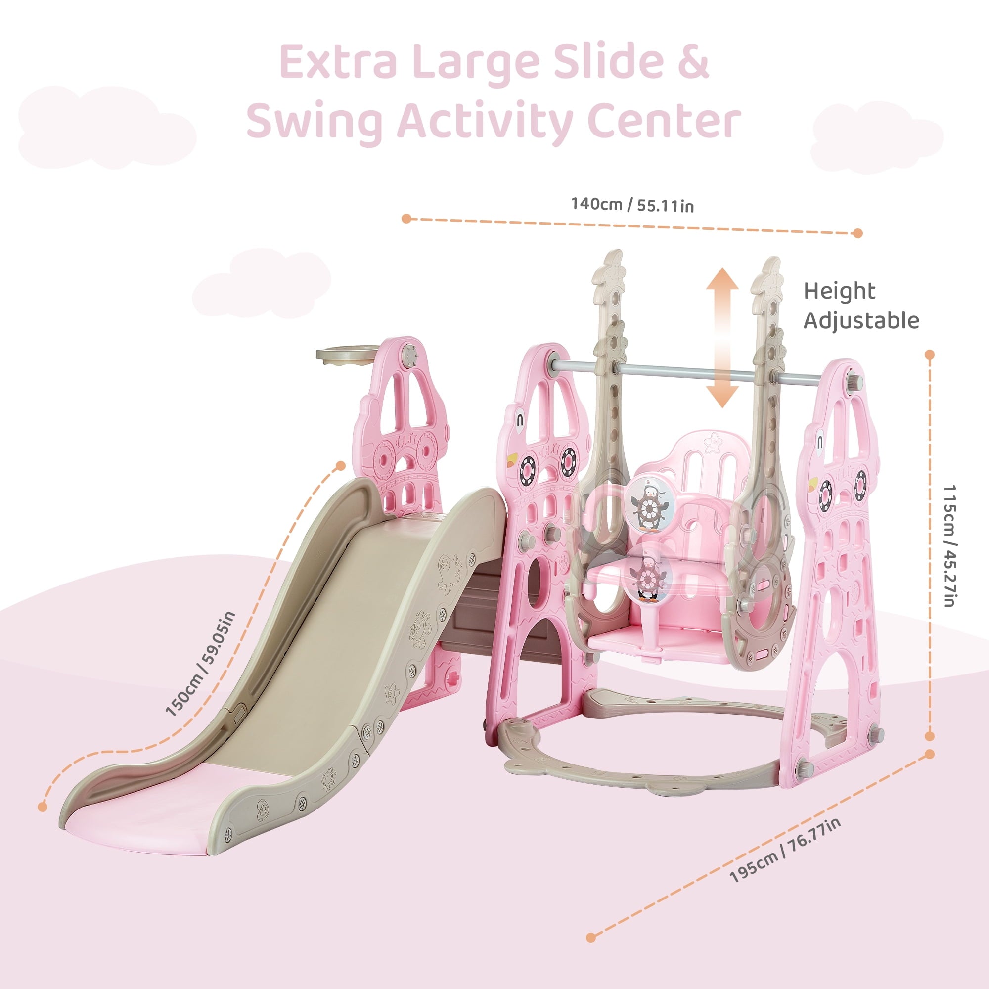 DUKE BABY 4-in-1 Kids Swing and Slide Set for Toddler Age 1-6, Extra Large Baby Indoor Outdoor Activity Playground with Basketball Hoop and Climber – Pink