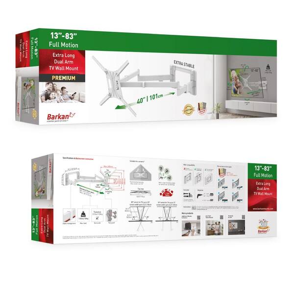 Barkan 13 in. - 80 in. Full Motion - 4 Movement Extra Long Dual Arm Flat/Curved TV Wall Mount White Extremely Extendable