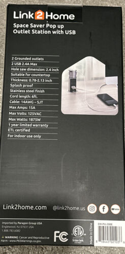 Link2Home Space Saver Pop Up-Outlet, 2 Power Outlets, 2 USB Ports 2.4 Amp