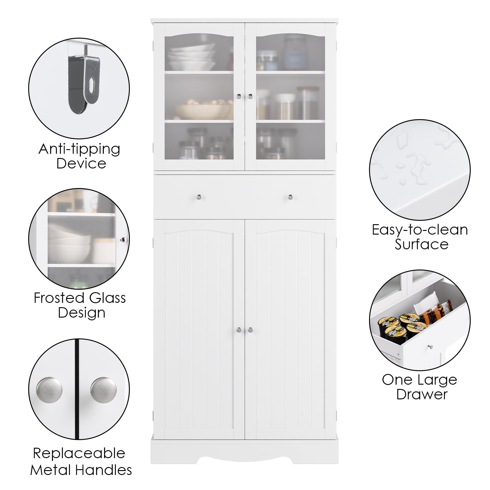 Homfa Tall Kitchen Pantry with 4 Doors, Free Standing Storage Cabinet for Dining Room, White