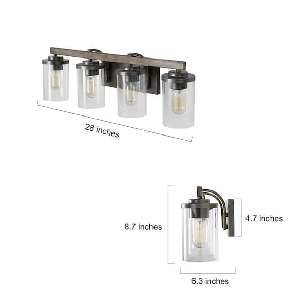 Birdwood 28 in. 4-Light Rust Gray Industrial Bathroom Vanity Light with Brushed Bronze Accents and Clear Glass Shades