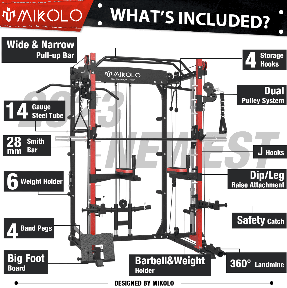 Mikolo Smith Machine Home Gym, 2000lbs Squat Rack with LAT-Pull Down System & Cable Crossover Machine, Training Equipment