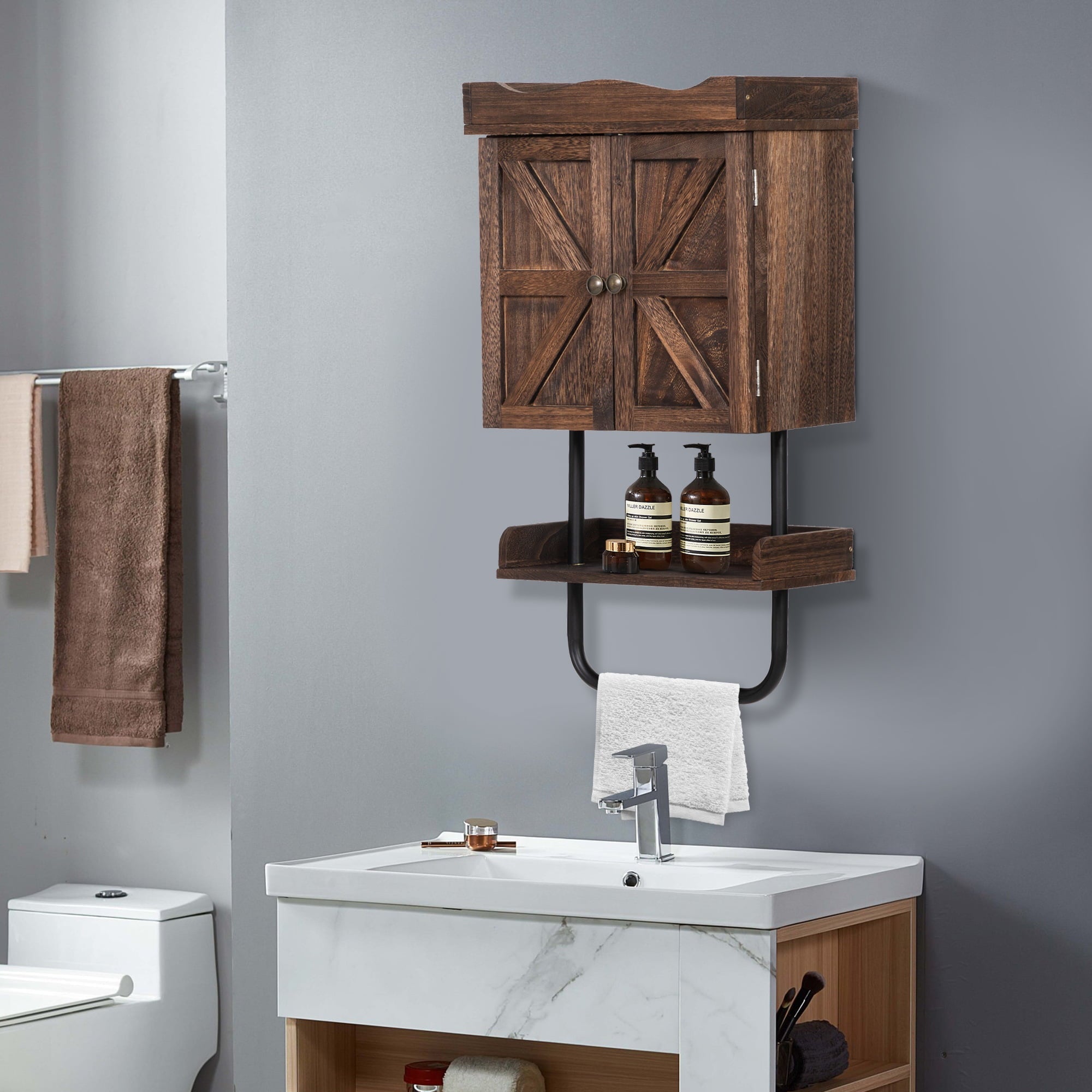 SIXWIN Rustic Bathroom Wall Cabinet; Medicine Cabinet with Adjustable Shelf; Open Shelf and Towel Bar