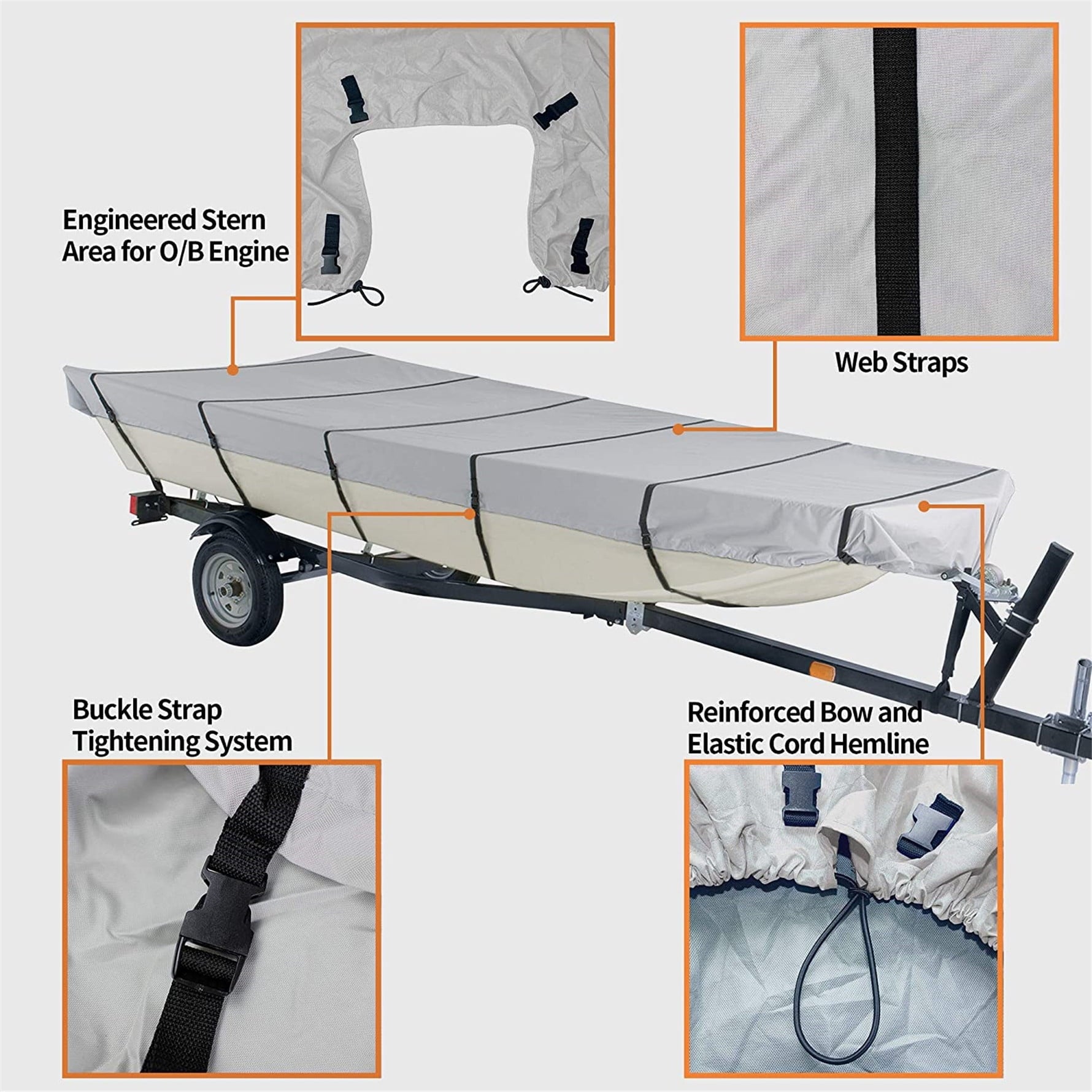 Genrics 16Ft Boat Cover Waterproof Heavy Duty Trailerable Replacement for Jon Boat Grey
