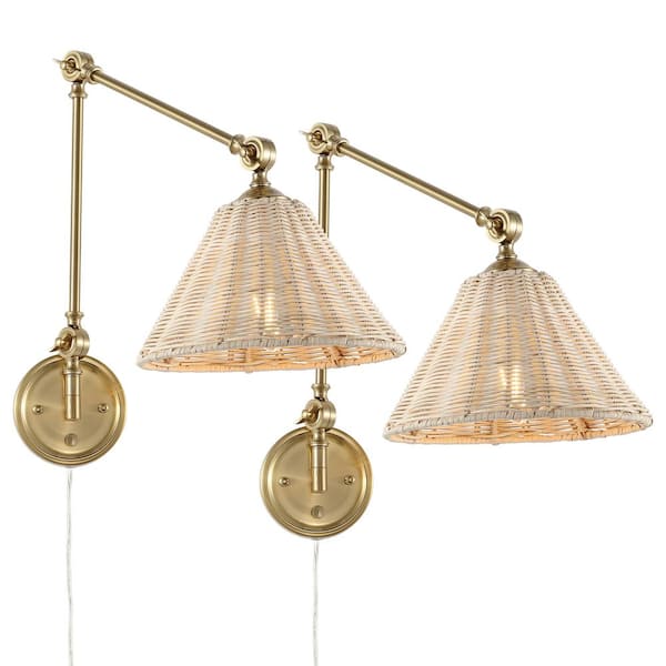 Brass with Rattan Lamp Shade Swing Arm Wall Lamp (Set of 2)