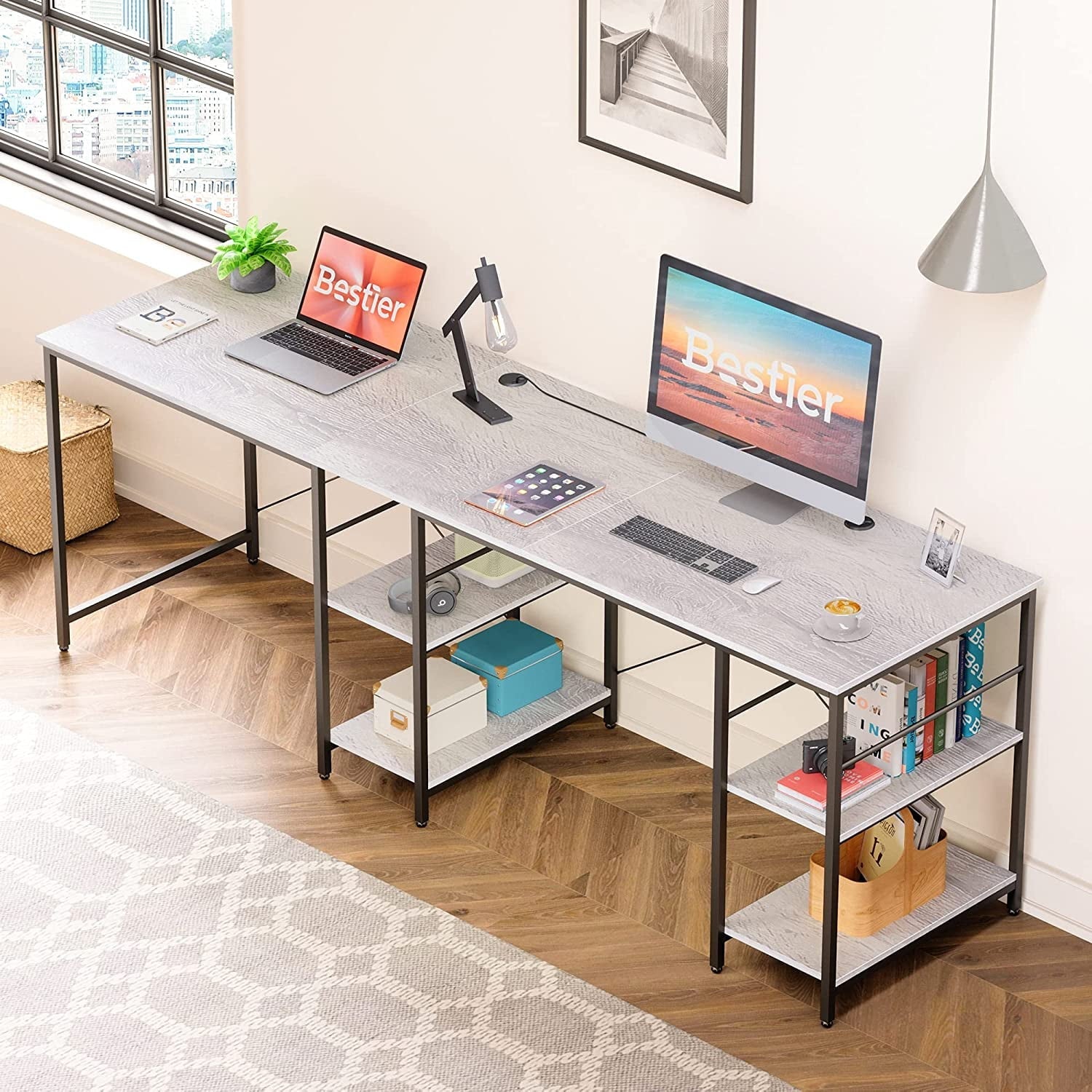 Bestier 86.6 inch Reversible L Shaped Desk with Shelves Grey