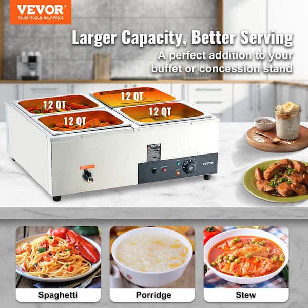 4-Pan Commercial Food Warmer 4 x 12 qt. Electric Steam Table 1200W Countertop Stainless Steel Buffet Bain Marie
