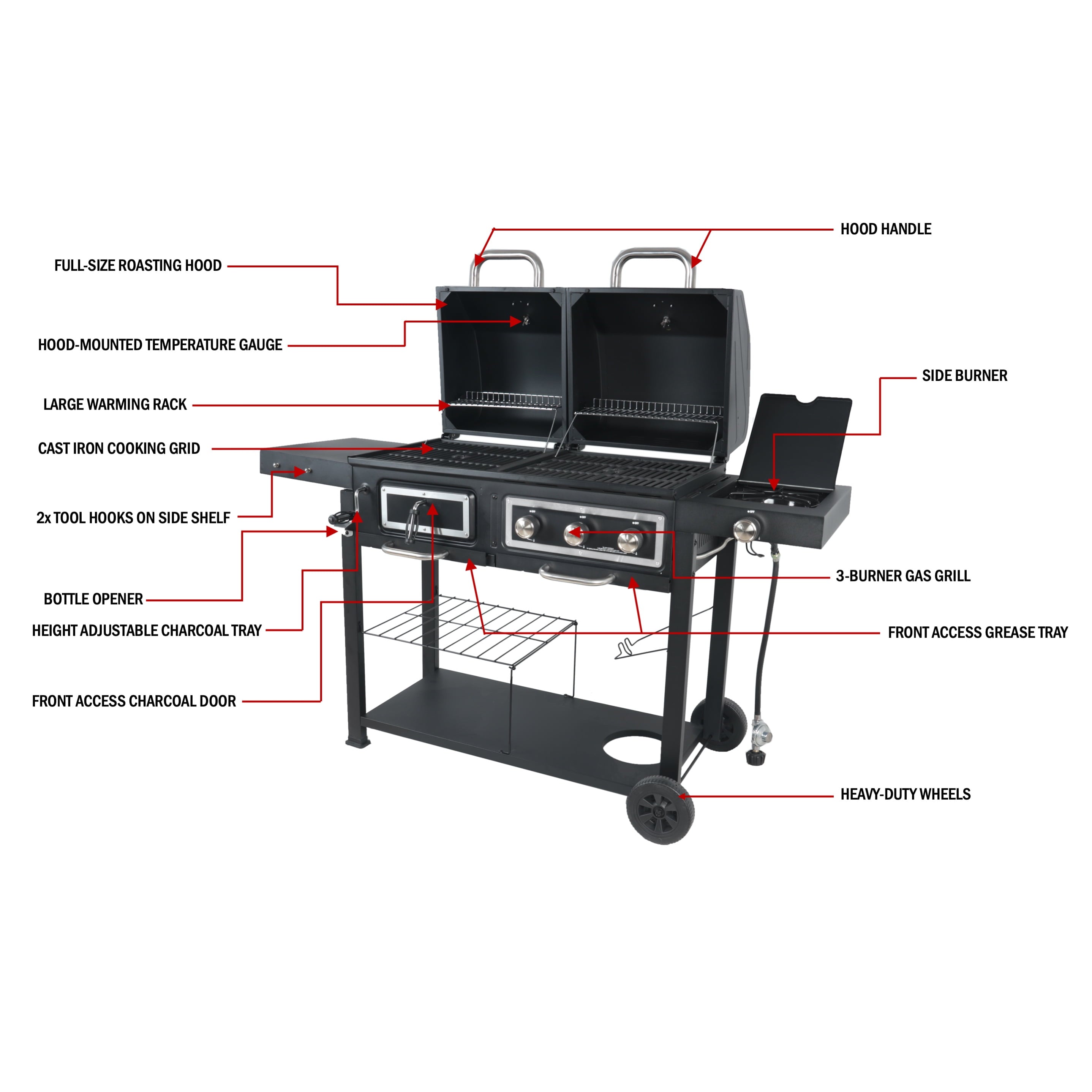 RevoAce Dual Fuel Gas & Charcoal Combo Grill, Black with Stainless
