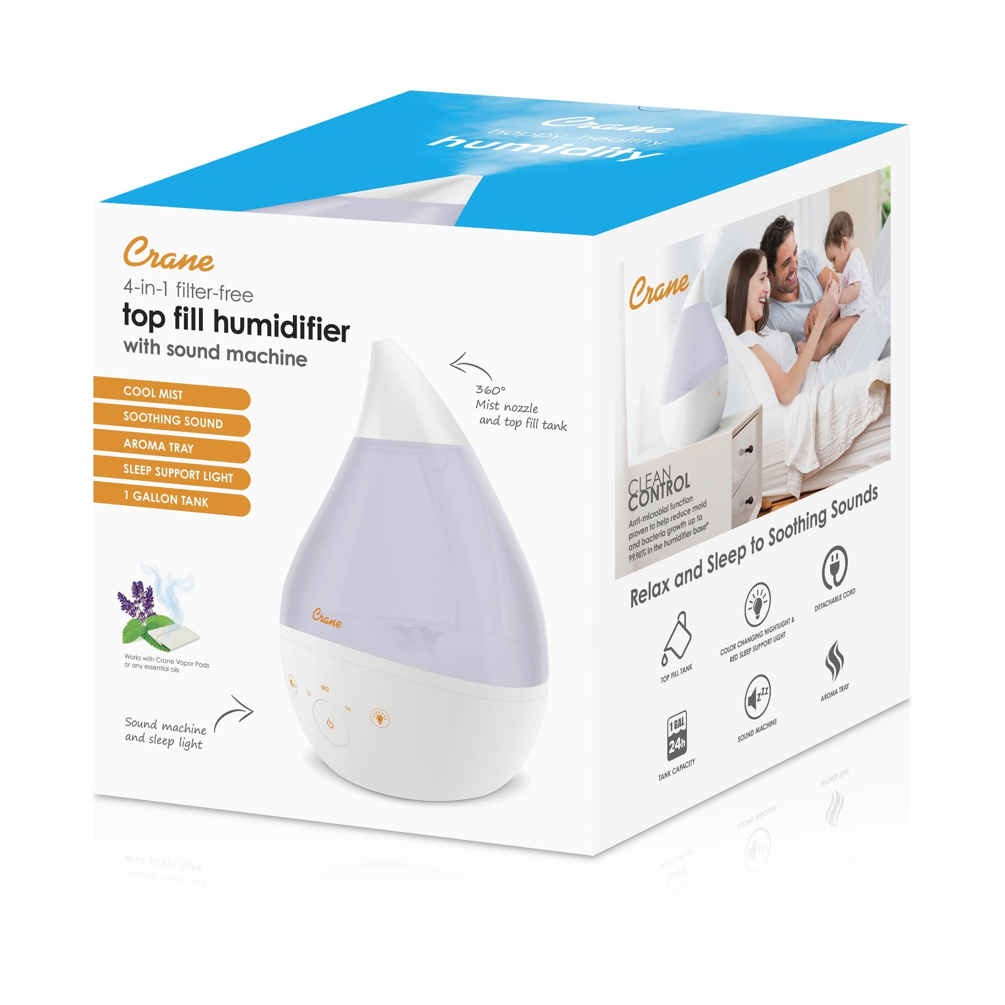 Crane Top Fill Drop 1 Gallon Ultrasonic Cool Mist Humidifier with Sound Machine and Optional Nightlight - White