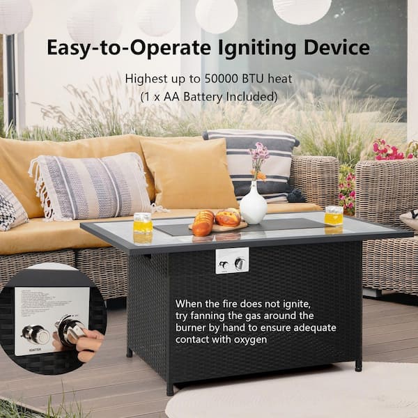 52 in. Propane Fire Pit Table Marble Tabletop Rattan Wicker w/Rain Cover Lava Rock