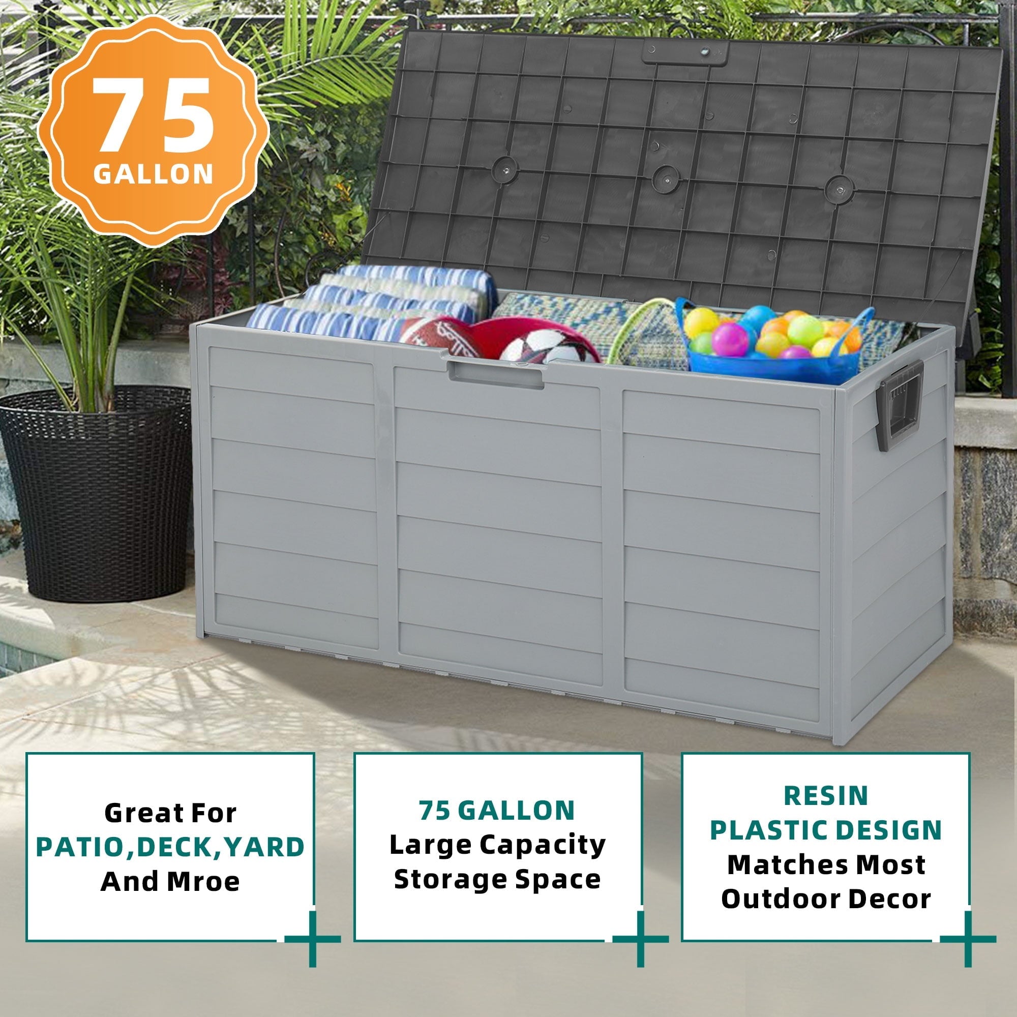 Seizeen 75 Gallon Resin Deck Box on Wheels, Patio Large Storage Cabinet, Outdoor Waterproof Storage Chest, Storage Container for Outside Furniture Cushions, Garden Tools, Kids' Toys, Gray, D7232