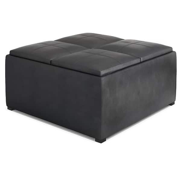 Avalon 35 in. Wide Contemporary Square Coffee Table Storage Ottoman in Distressed Black Vegan Faux Leather