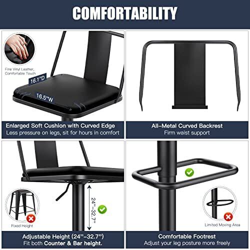 Metal Swivel Barstools Set of 2, Enlarged PU Leather Seat with Matte Black