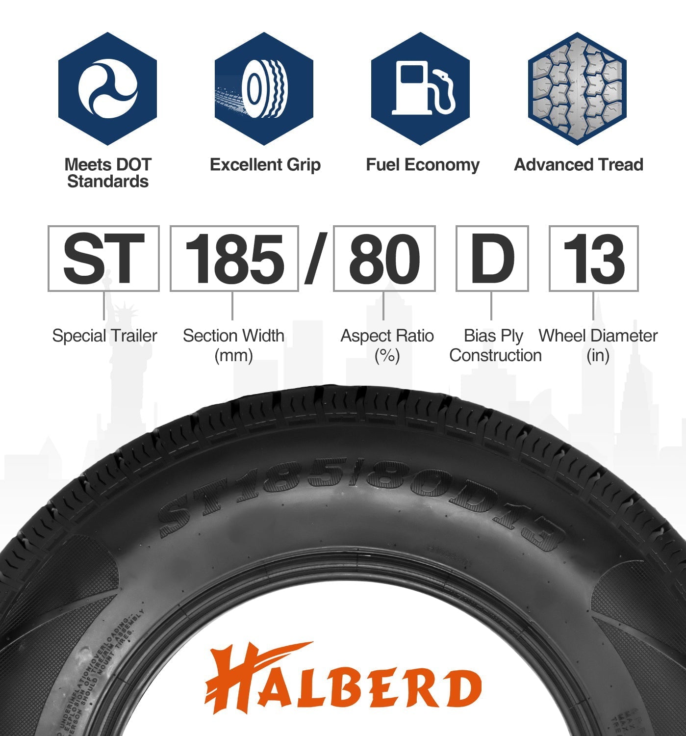 HALBERD  2Pack  Premium Trailer Tires ST185/80D13 6PR Load Range C 13in Fuel-saving Designed Tires ST185 80 13