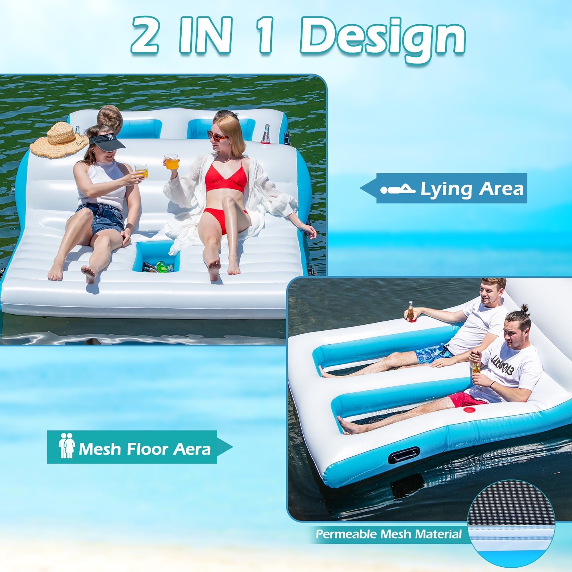 Costway Giant 4 Person Inflatable Island Lake Floating Lounge Raft W/ 130W Electric Air Pump