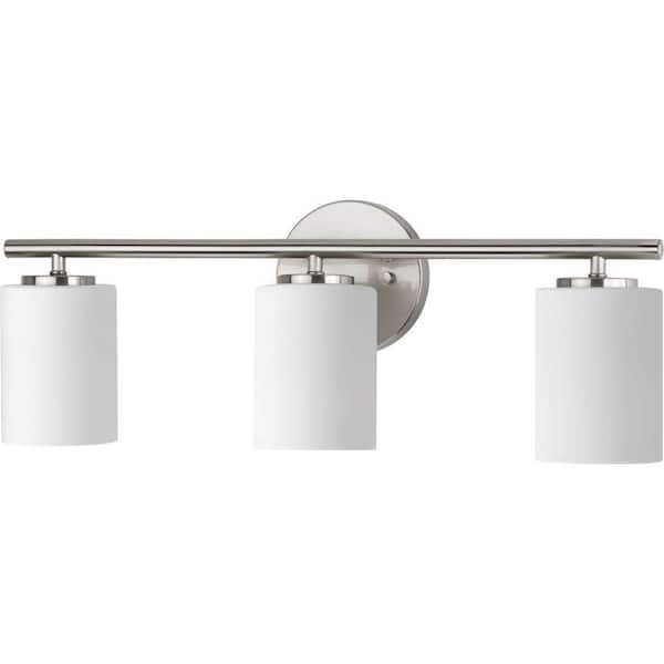 Replay Collection 22 in. 3-Light Brushed Nickel Etched White Glass Modern Bathroom Vanity Light