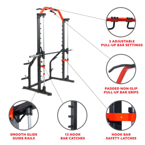 Sunny Health Fitness Premium Squat Smith Power Rack Pull Up Bar Machine XF920021