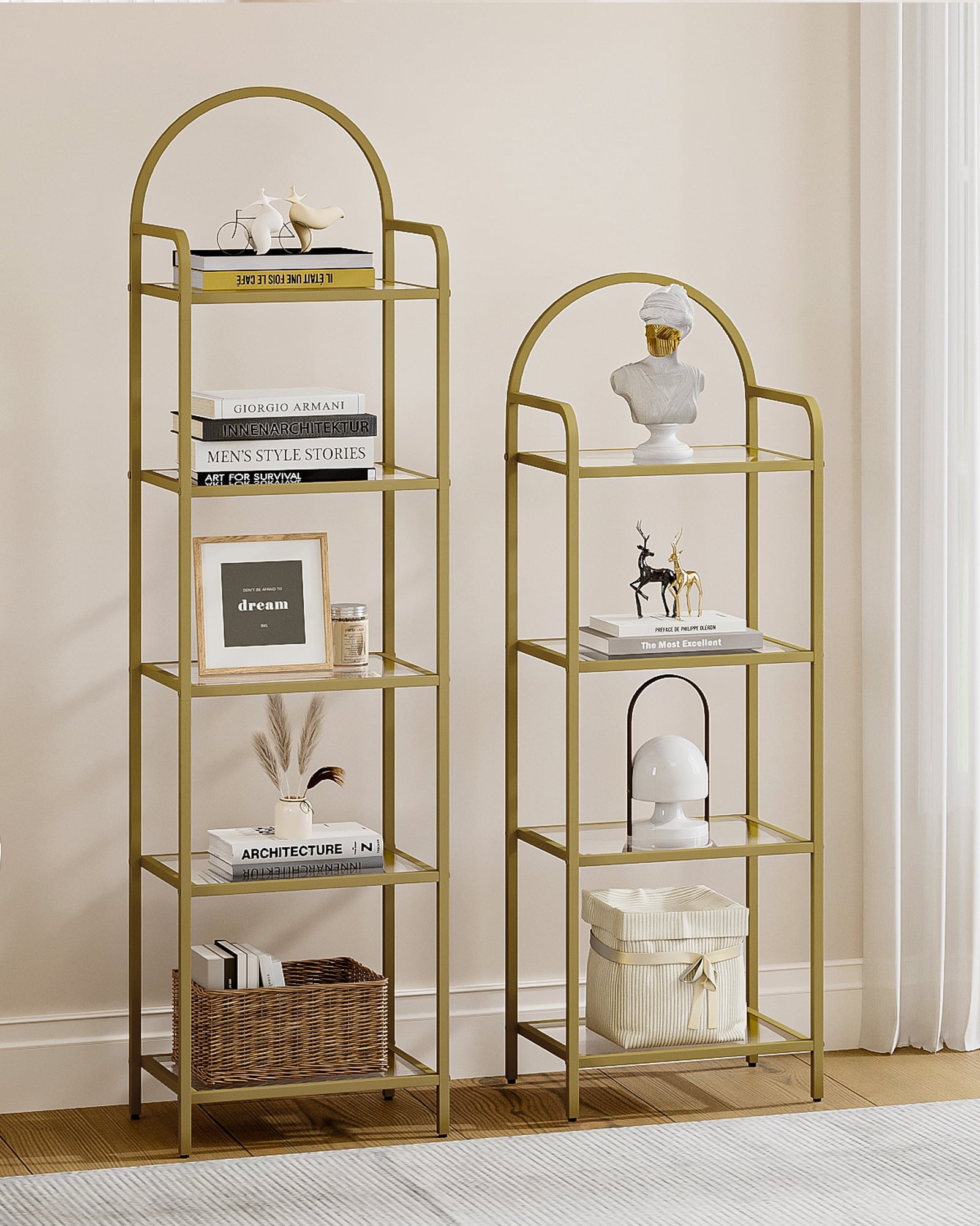 Hzuaneri 5 Tier Ladder Shelf，Tempered Glass Bookcase Bookshelf, Shelving Unit, Gold BC05001G