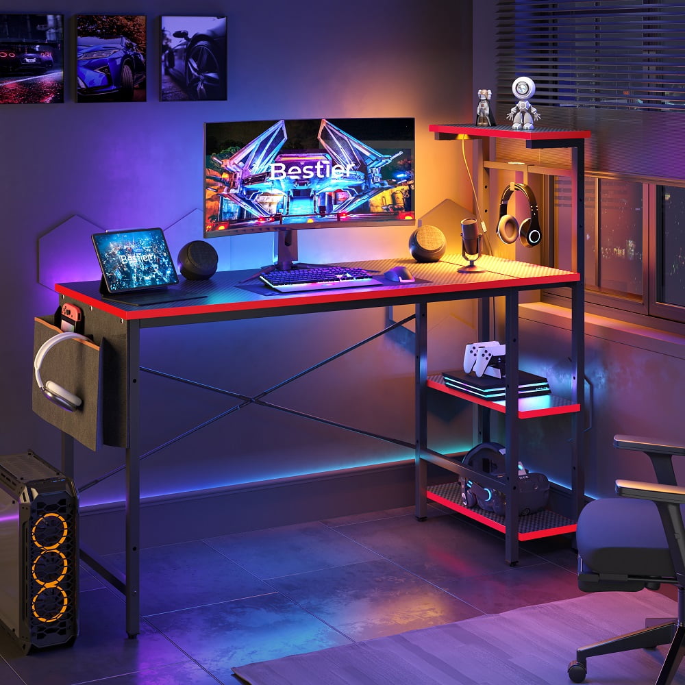 Bestier 52 inch Gaming Computer Desk with LED Lights & Shelves Carbon Fiber, Reversible desk
