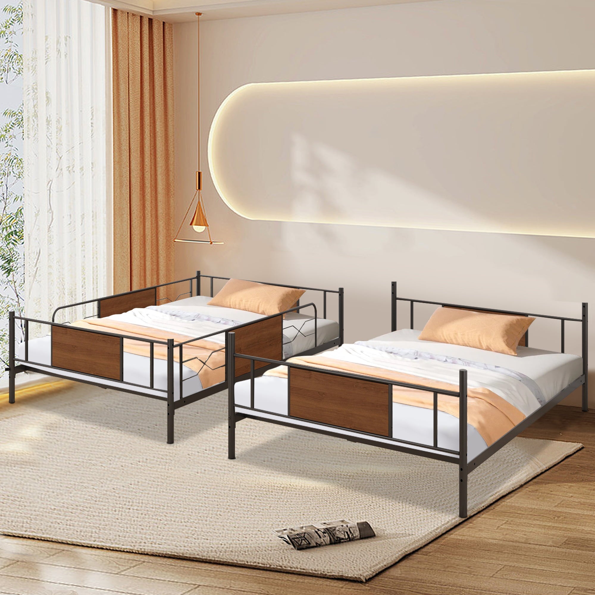 Full Over Full Metal Bunk Bed, HSUNNS Industrial Metal Low Bunk Bed for Kids Full Over Full, Modern Kids Convertible Bunkbed with Ladder, Guardrail, No Box Spring Need, Load-Bearing 400lb, Noise Free