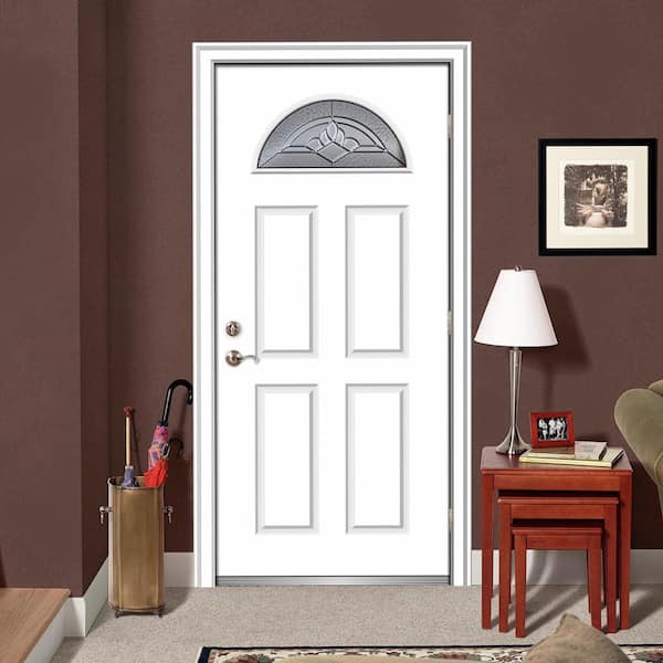 30 in. x 80 in. Grace Left-Hand Inswing Fan-Lite Decorative 4-Panel Primed Steel Prehung Front Door on 6-9/16 in. Frame