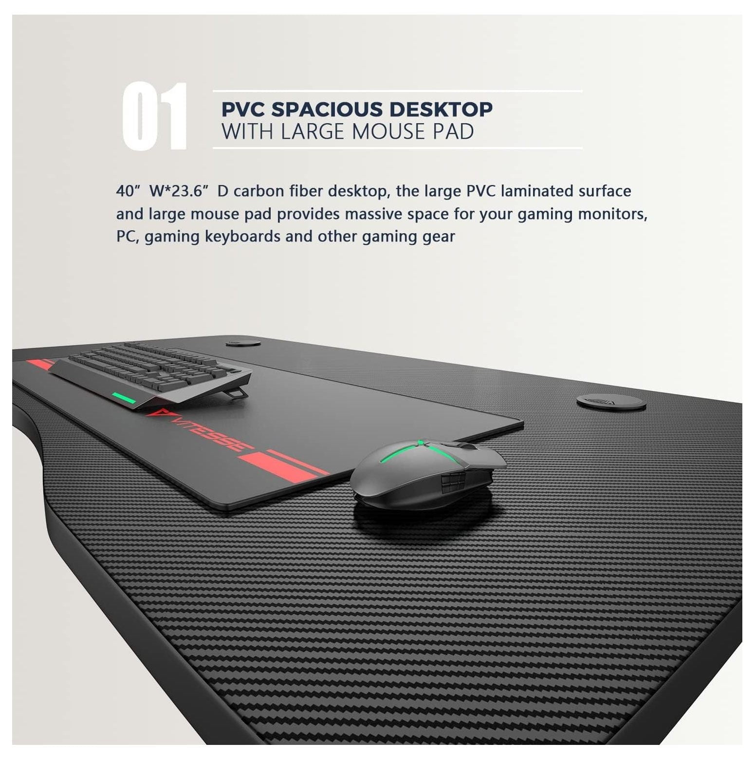 Quexis Gaming Desk 40 inch,PC Gaming Table,T-Shaped Gaming Computer Desk with Free Mouse Pad,Racing Style Professional Gamer Game Station,Carbon Fiber Home Office Desk with Cup Holder&Headphone Hook