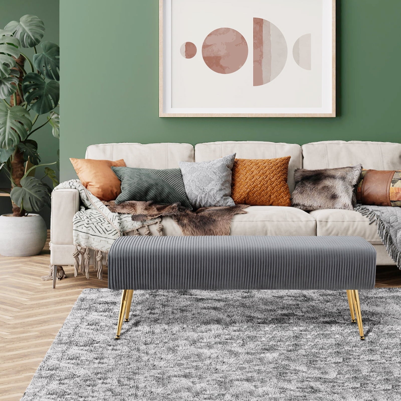 Furniliving Bedroom  Bench Modern Entryway  Bench Upholstered Ottoman Shoe Bench, Grey