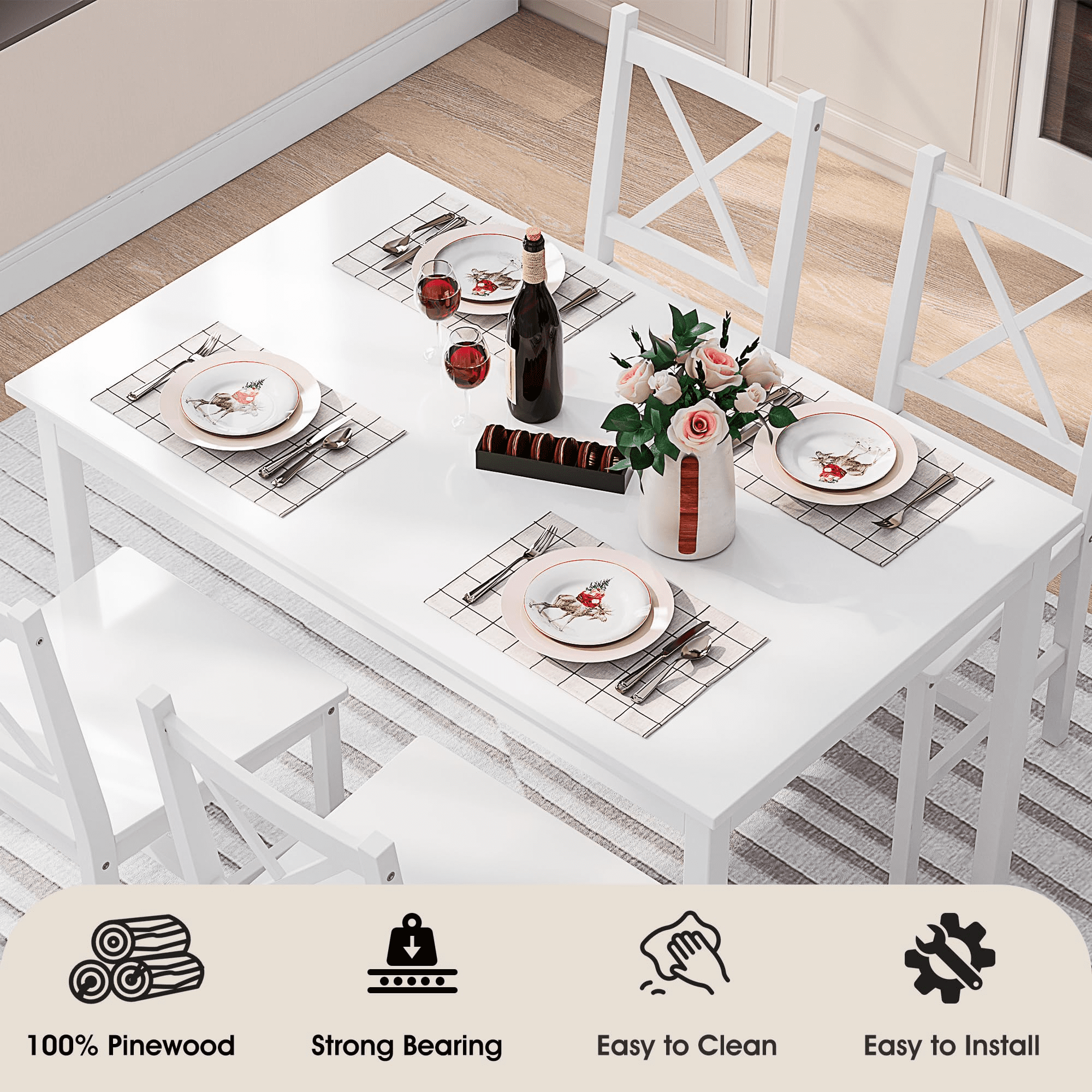 Alohappy Dining Table with 4 Chairs Set, 5 Piece Kitchen Table Set  for 4, Pine Wood Dining Table Rectangle Breakfast Table and Chairs for Home Kitchen Small Space, Space-Saving & Easy Assembly, White