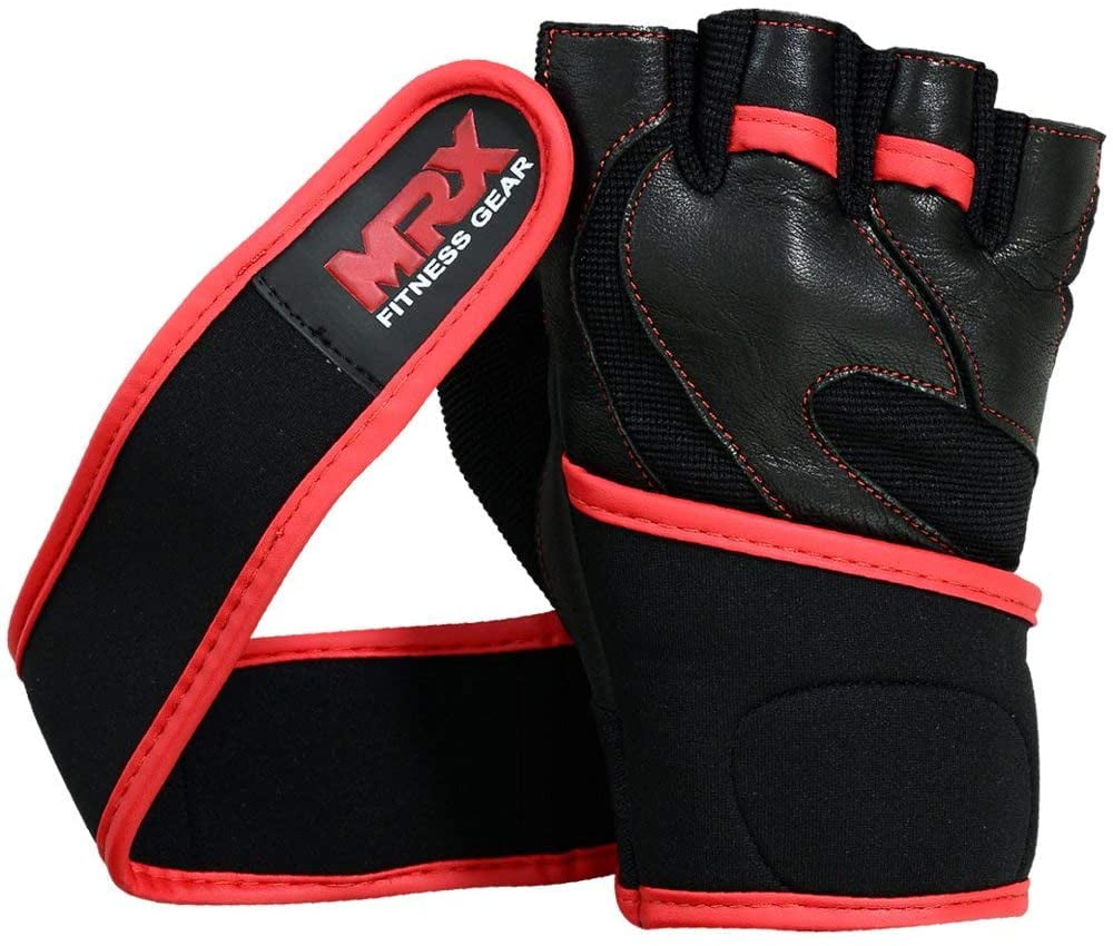 MRX Weight Lifting Gloves Gym Power Training Fitness Bodybuilding Glove Long Wrist Strap Black / Red M
