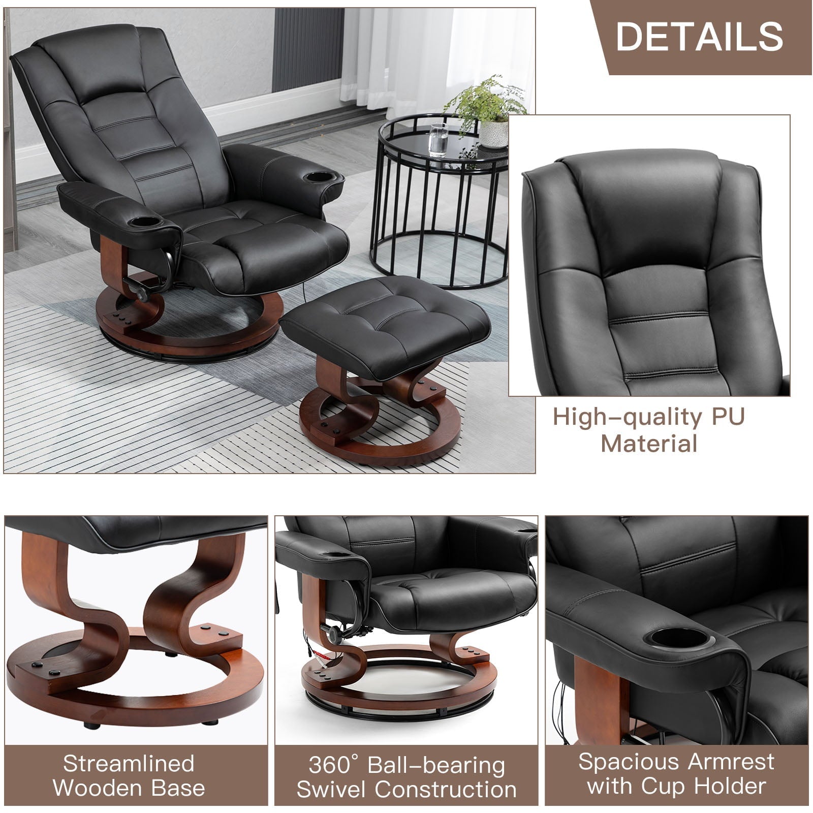 AVAWING Recliner Chair - Vibration Massage, Faux Leather, Ottoman, Swivel - Black