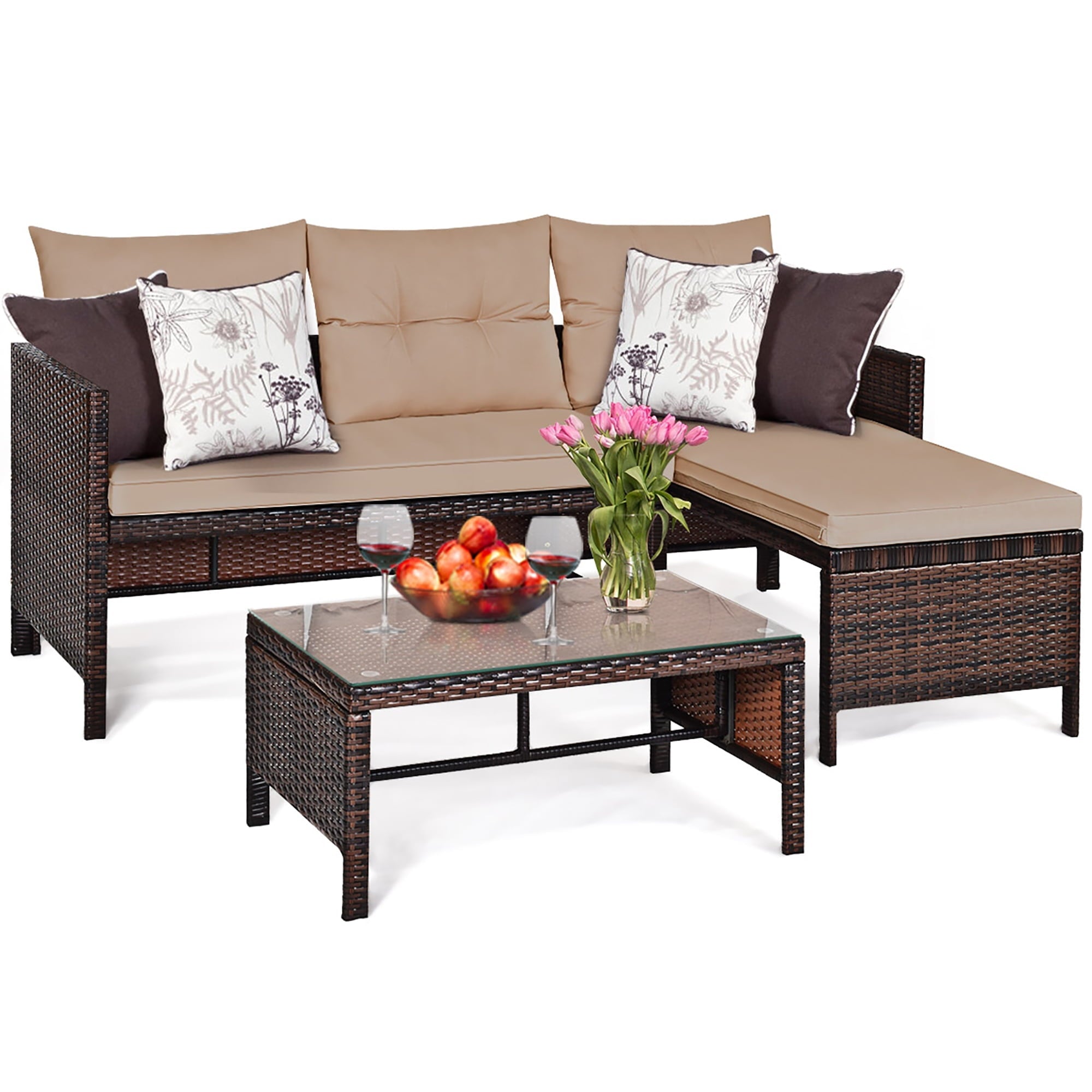 Costway 3PCS Patio Wicker Rattan Sofa Set Outdoor Sectional Conversation Set Garden Lawn Brown