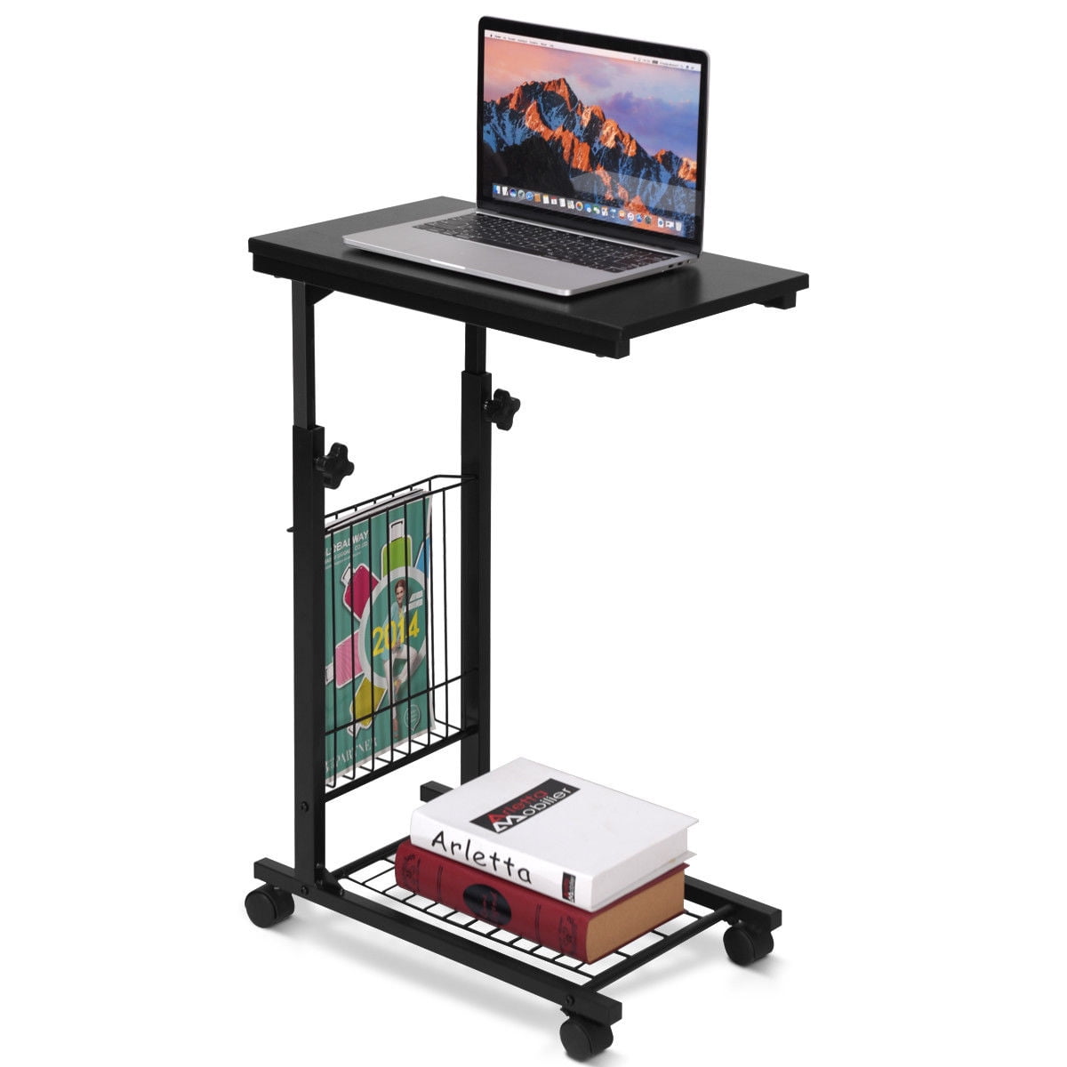 Gymax Height Adjustable Sofa Side Table Snack End Slide Under Table Rolling Casters