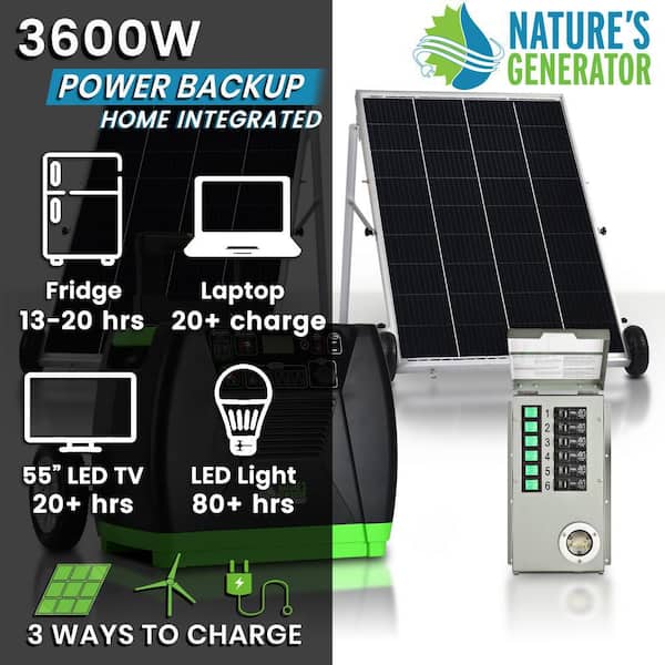 ELITE 3600-Watt/5760W Peak Push Button Start Solar Powered Portable Generator with 2 100W Panels, 1 Power Transfer Kit