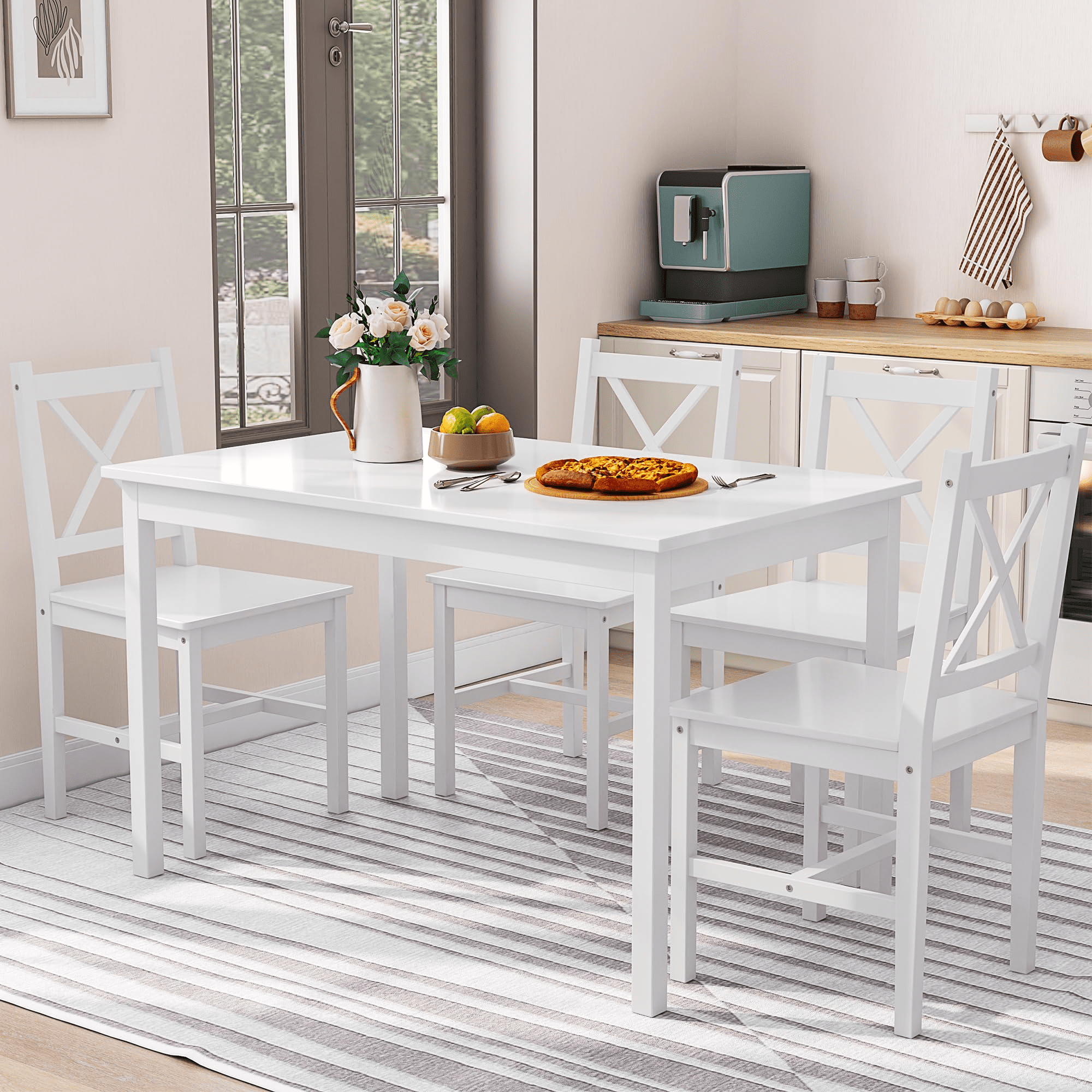 Alohappy Dining Table with 4 Chairs Set, 5 Piece Kitchen Table Set  for 4, Pine Wood Dining Table Rectangle Breakfast Table and Chairs for Home Kitchen Small Space, Space-Saving & Easy Assembly, White