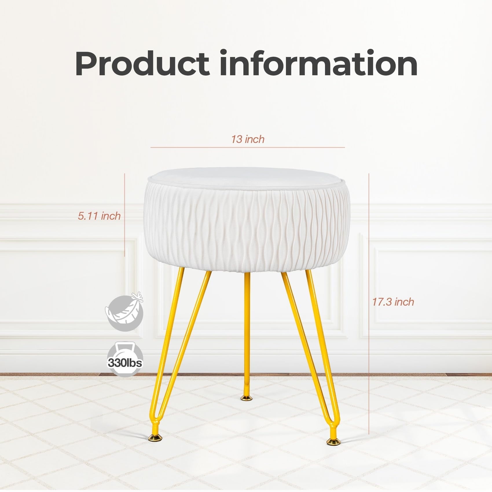 PROHIKER Velvet Round Footrest Stool Ottoman, Makeup Vanity Stool Side Table Couch Stool w/Golden Metal Legs, 13