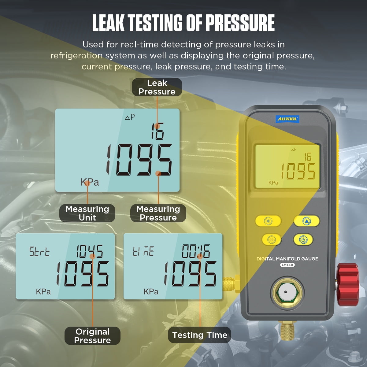 AUTOOL Refrigeration Digital HVAC Vacuum Pressure Manifold Tester, Pressure Gauge, Air-Conditioning HVAC Tools, r134a Refrigerant Recharge Kit, LM110