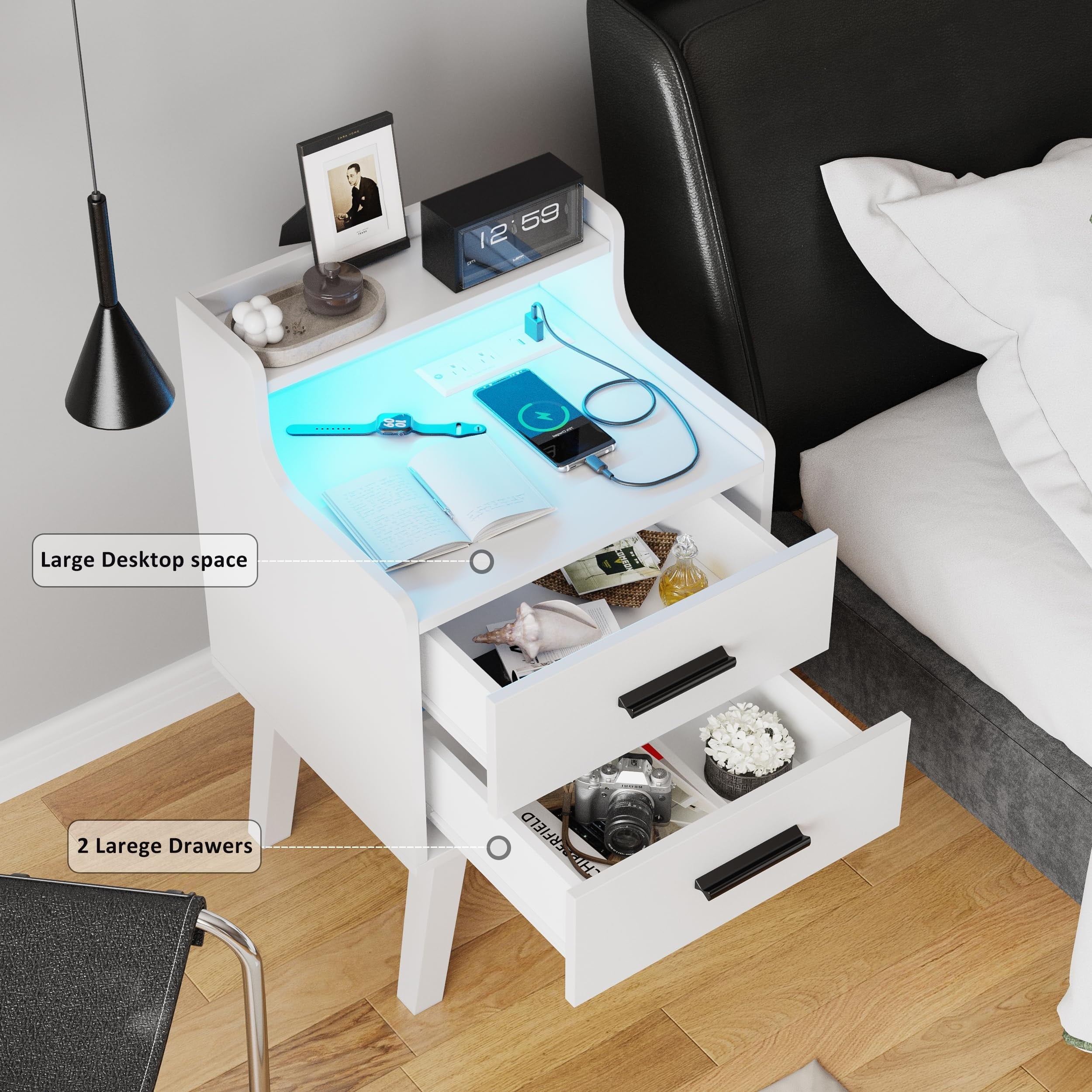 VEANERWOOD White Nightstand with Charging Station, Night Stand Set 2 with Drawers& LED Lights, Bedside Tables with Legs, Modern nightstands for Bedroom