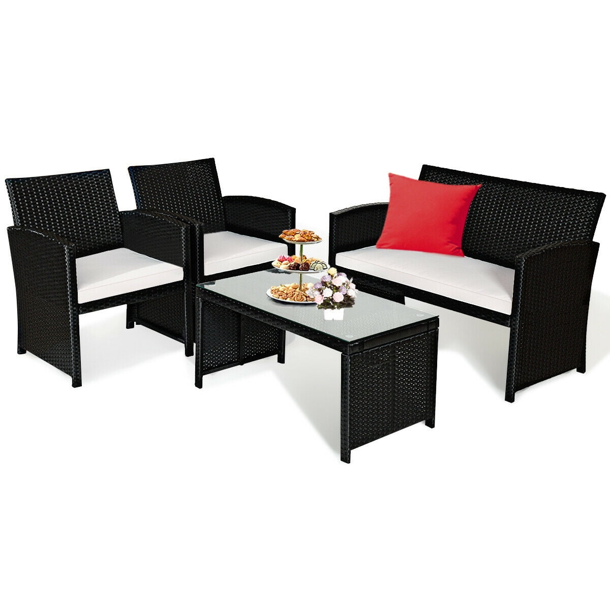 Costway 4PCS Patio Rattan Wicker Furniture Conversation Set Cushioned Sofa Table