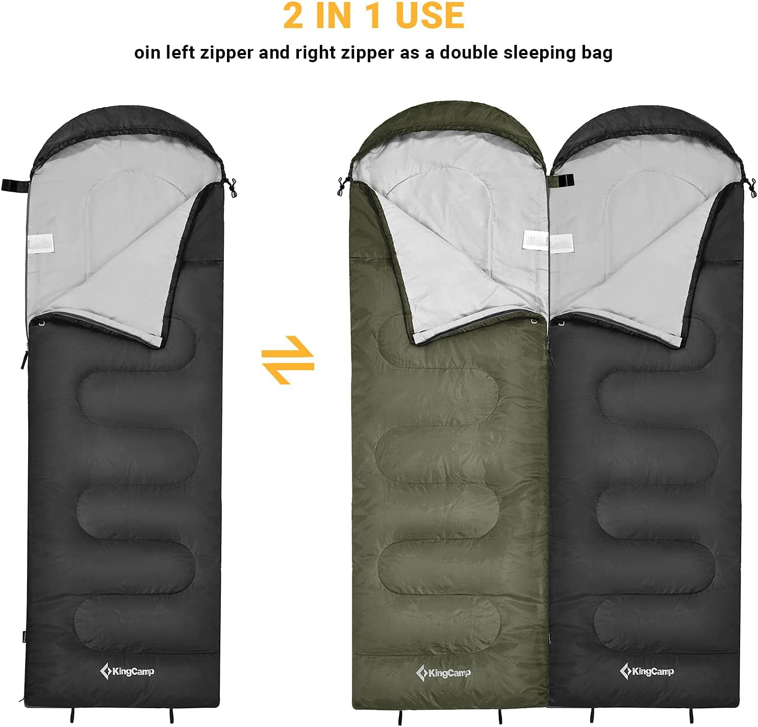 KingCamp Camping Sleeping Bags Waterproof Backpacking Sleeping Bags for Adults 3 Season Portable Envelope Sleeping Bags Black