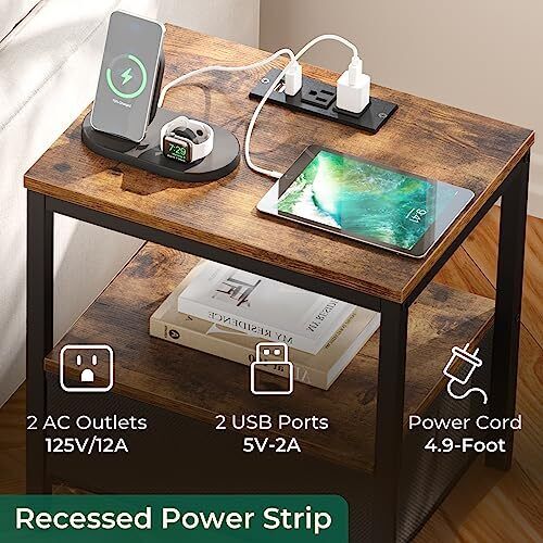 END TABLE with Charging Station Drawer Nightstand Bedside Rustic Brown HUUGER