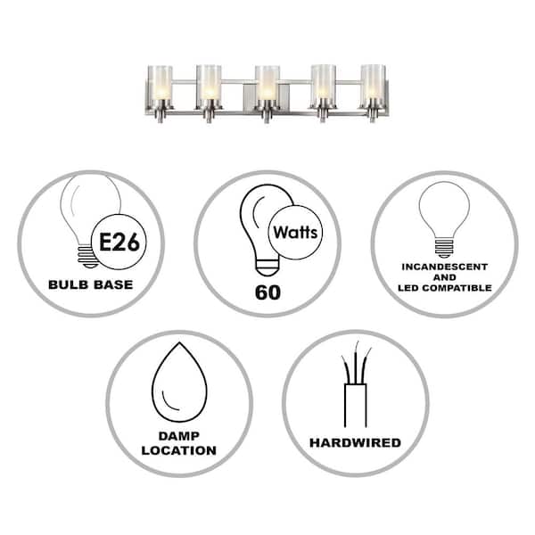 Odyssey 37.75 in. 5-Light Brushed Nickel Bathroom Vanity Light with Frosted Inner Glass and Clear Outer Glass