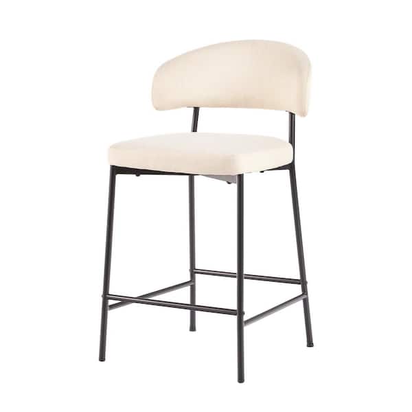 Modern 24 in Ivory Low Back Metal Counter Stool Chenille Seat, Set of 2