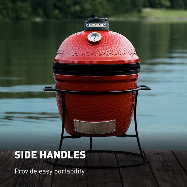 Joe Jr. 13.5 in. Portable Charcoal Grill in Red with Cast Iron Cart, Heat Deflectors and Ash Tool