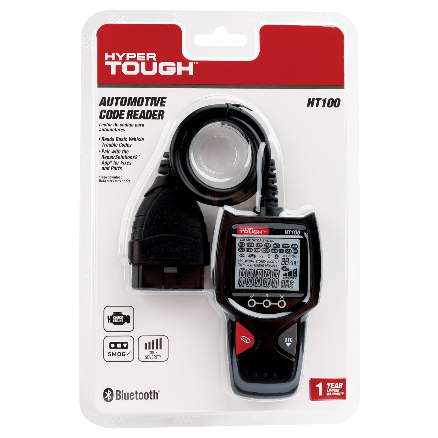 Hyper Tough HT100 Code Reader, 1996 & Newer OBD2 Vehicles, Free Fix & Part Recommendations