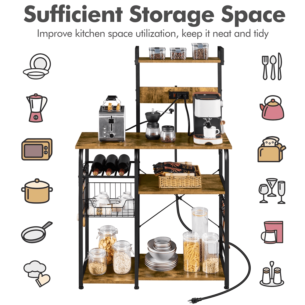 SmileMart 55″Kitchen Baker's Rack with Power Outlet 10 S-Hooks, 4-Tier, Rustic Brown